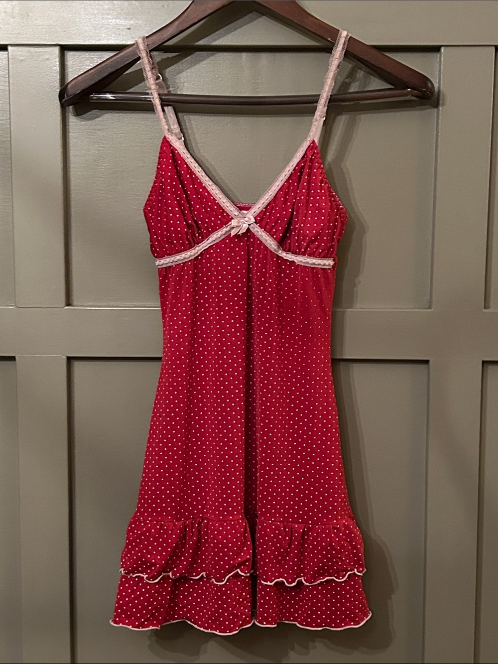 Vintage Chemise Lingerie Babydoll Red White Polka Dot Ruffle Size Small